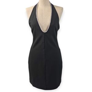ZARA Black Halter Mini Dress Rhinestone Deep Plunge Party Cocktail M